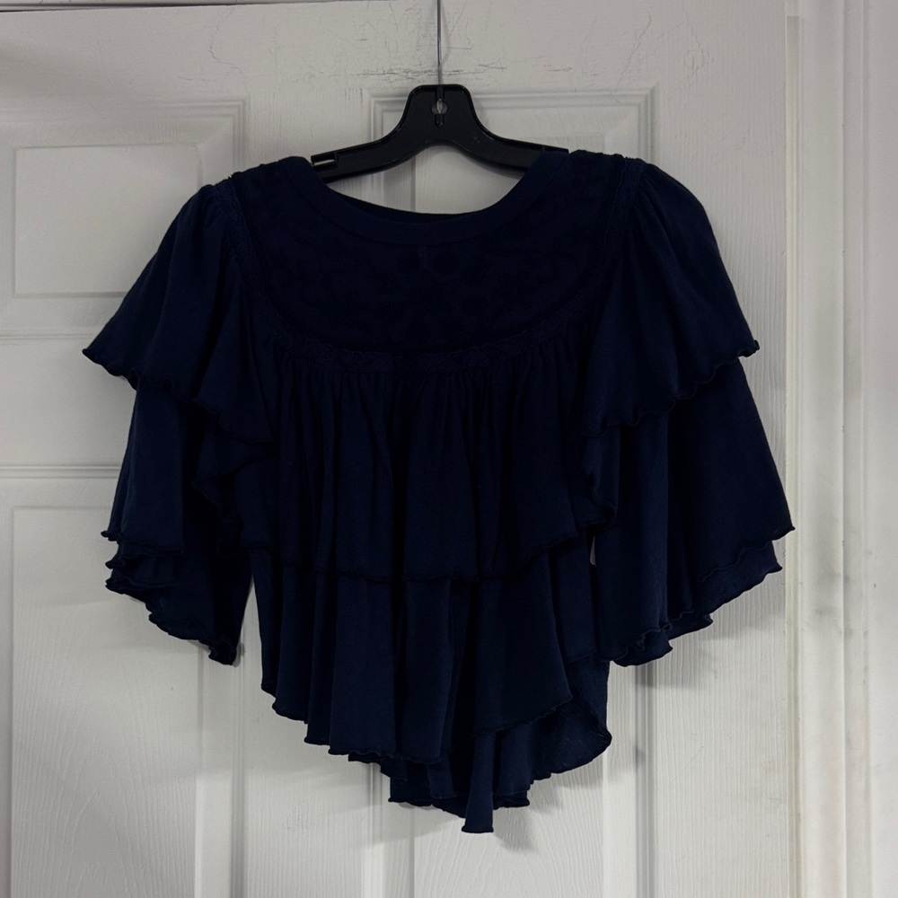 Free People Navy Ruffled Blouse